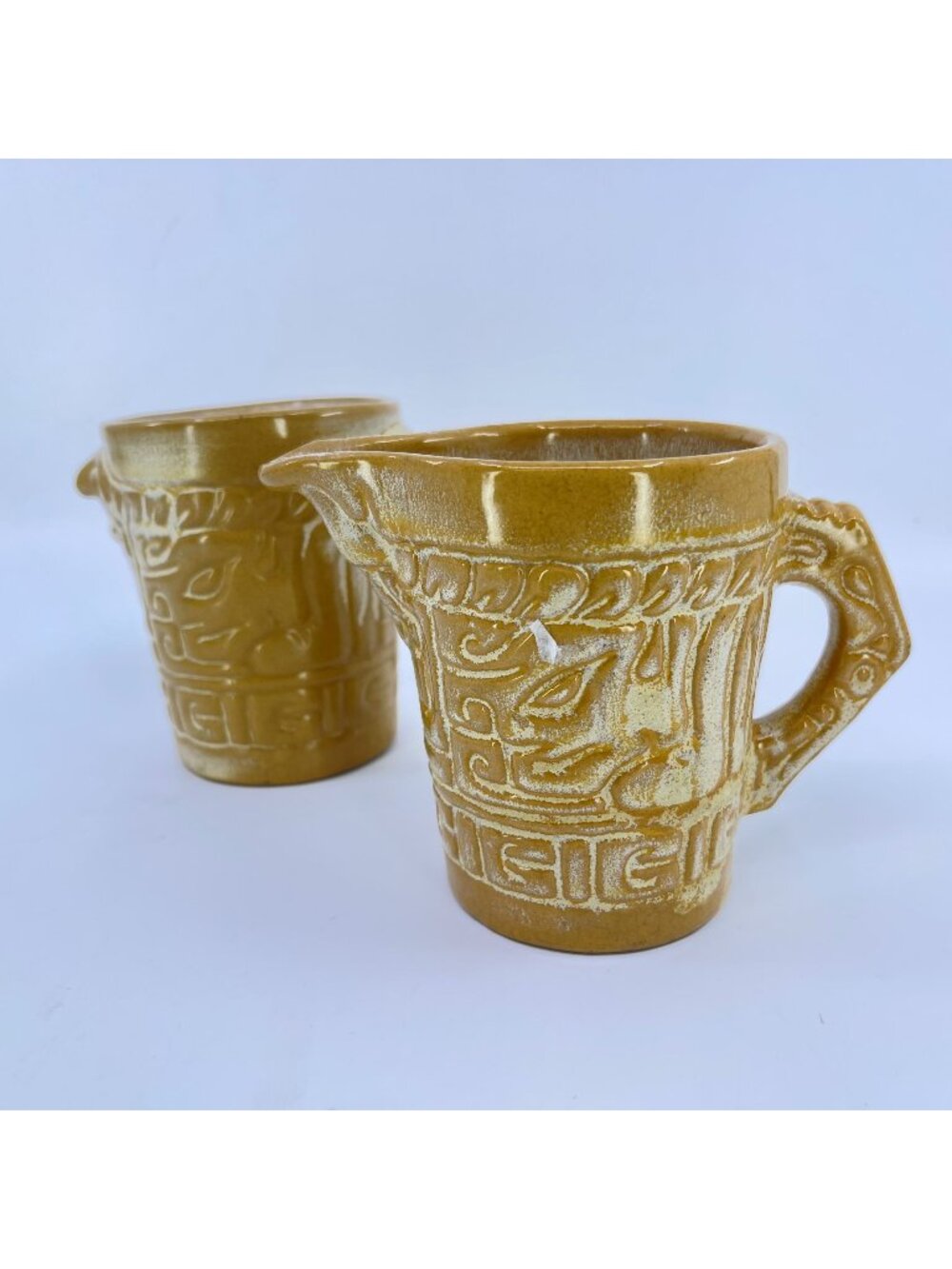 vintage frankoma pottery cream and sugar featuring embossed mayan-aztec relief